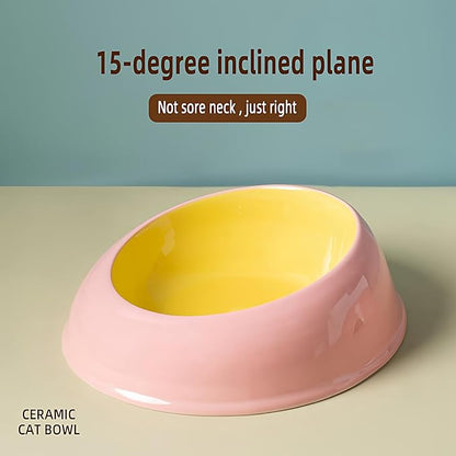 15° Inclined Cat Bowl Optimal Neck Support, Effortless Eating 6.89-Inch Wide and 2.05-Inch Tall Saucer with 7.04-Ounce Capacity Pet Bowl for Cats and Small Dogs（Pink Yellow）