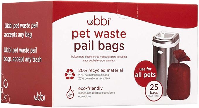 Ubbi Pet Disposal Waste Pail Bags, Cat Litter Box Cleaning Solution, Fragrance Free, 25 Count Value Pack