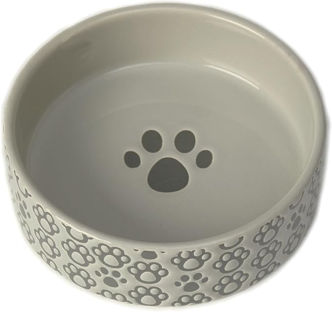 PetRageous 18428 Paws Shallow Round Stoneware Dog Bowl 5-Inch Width and 1.5-Inch Height 1.5-Cups Capacity, Grey