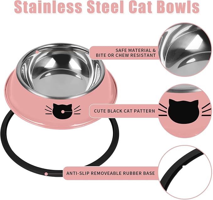 Serentive 2 Pcs Non-Slip Stainless Steel Small Cat Food Bowls - Unbreakable, Thicken 7 Oz Cat Dishes - Indoor, Removable Rubber Base, Easily Clean, Lovely Color