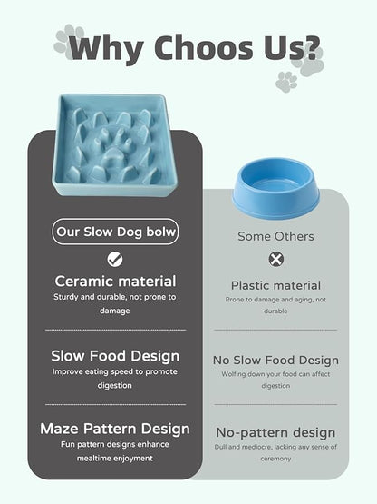 Ceramic Slow Feeder Dog Bowl, 1.8 Cup Fun Pet Food Dish for Small & Medium Breeds to Slow Down Eating, Anti-Gulping, Stop Bloat, Preventing Choking (Turquoise)
