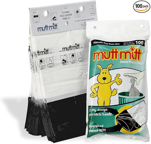 Mutt Mitt® 100 White & Black 2-Ply Dog Waste Bags on 1 Dog Waste Bag Station Header - 300% Thicker than mini roll dog waste bags - no more warm & yuck feeling