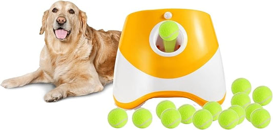 Dog Ball Launcher – Automatic Dog Ball Thrower for Small and Medium Dogs, Interactive Pet Toy with 6 Mini Tennis Balls & Adjustable Launch Distance, Indoor & Outdoor Play