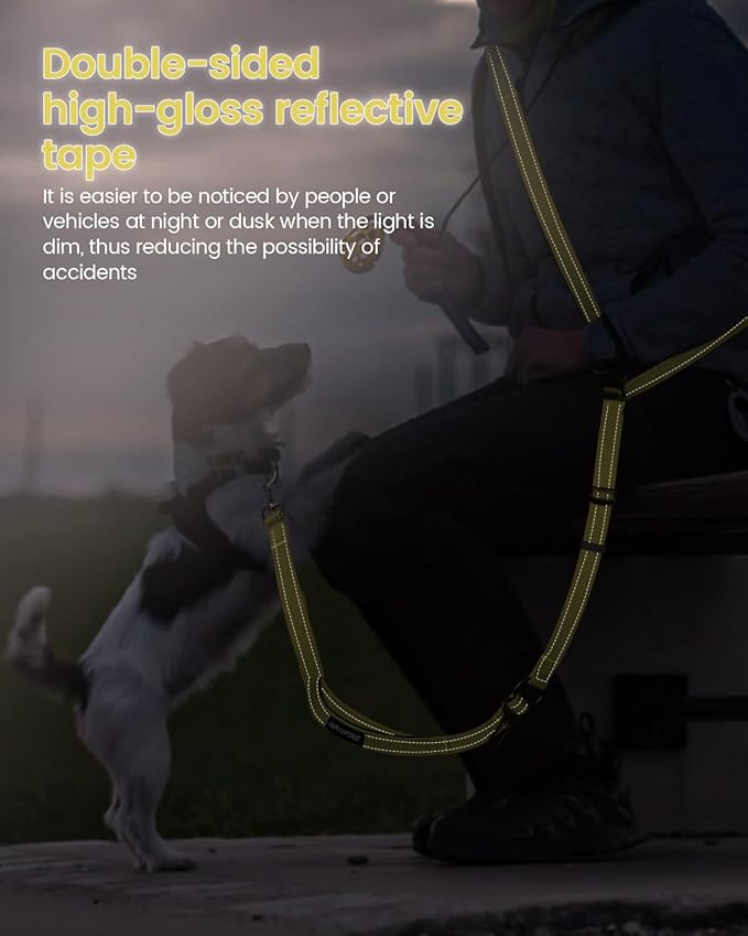 Hands Free Dog Leash & Car Seatbelt, 5.9-9.5ft Crossbody Dog Belt with Dual Soft Handles, Shock-Absorbing, 360° Clip, Reflective Design for Walking, Running, Hiking, Travel.(Yellow)
