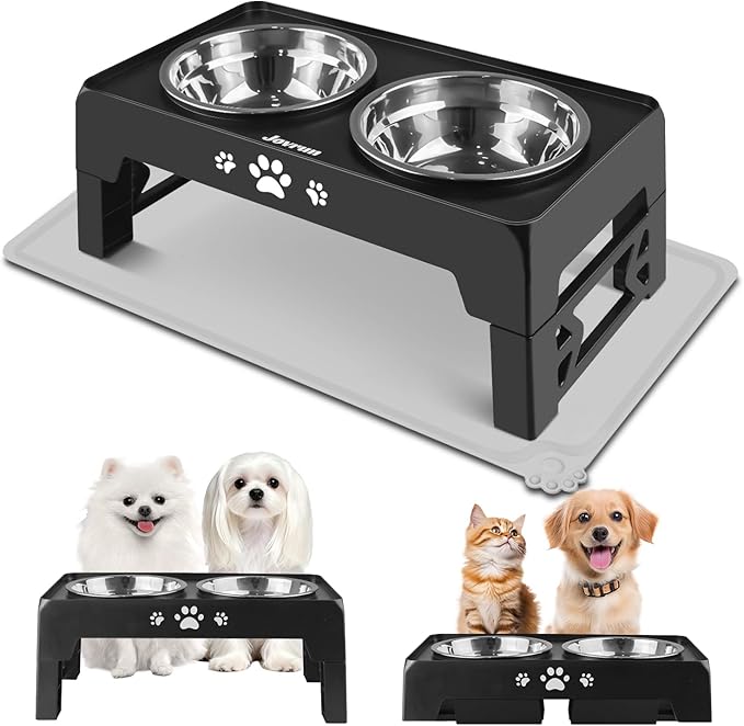 Elevated Dog Bowls for Small Dogs and Cats with Mat, Non-Slip Cat Bowls with 2 Thick 5.5" Stainless Steel Dishes, Dog Feeder 2 Heights Adjustable to 2.6"-5.3"