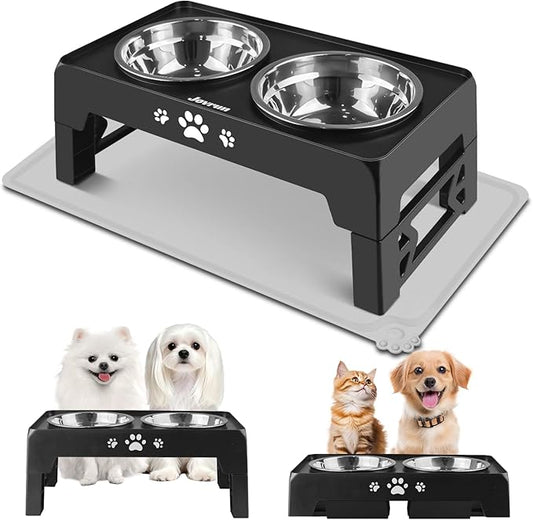 Elevated Dog Bowls for Small Dogs and Cats with Mat, Non-Slip Cat Bowls with 2 Thick 5.5" Stainless Steel Dishes, Dog Feeder 2 Heights Adjustable to 2.6"-5.3"