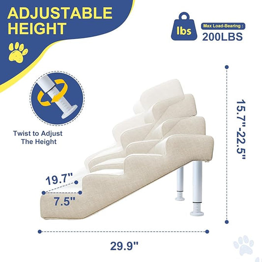 DoCred Adjustable Pet Stairs for Beds & Sofas - 4 Step 14.5"-17.7" H Non-Slip Dog Stairs for Small to Medium Dogs & Cats, Supports up to 150 lbs - Linen Faux Leather Dog Steps