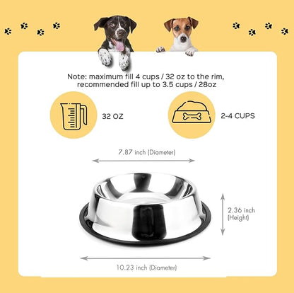 NAJOR Stainless Steel Dog Bowls,4Cup / 32oz Large Dog Food Bowls,Anti-Skid Pet Feeder Bowl and Water Bowl,Perfect Choise for for Dogs and Cats and More,Set of 2