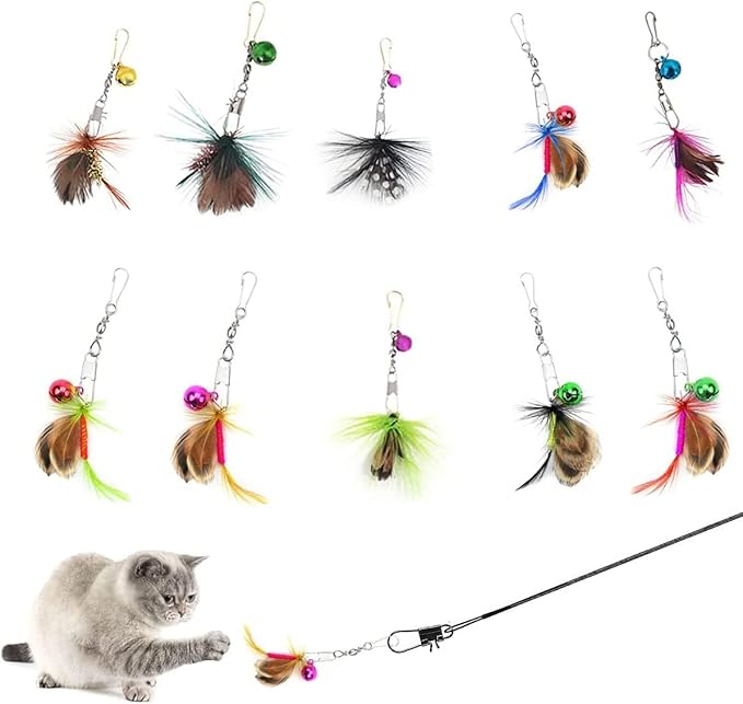 Cat Insect Feather Toys Replacement Cat Toy Wand Refills, 10 Pieces Mini Insect Cats Toy Feathers Refill, Interactive Cats Teaser Wand Attachments, with Bell