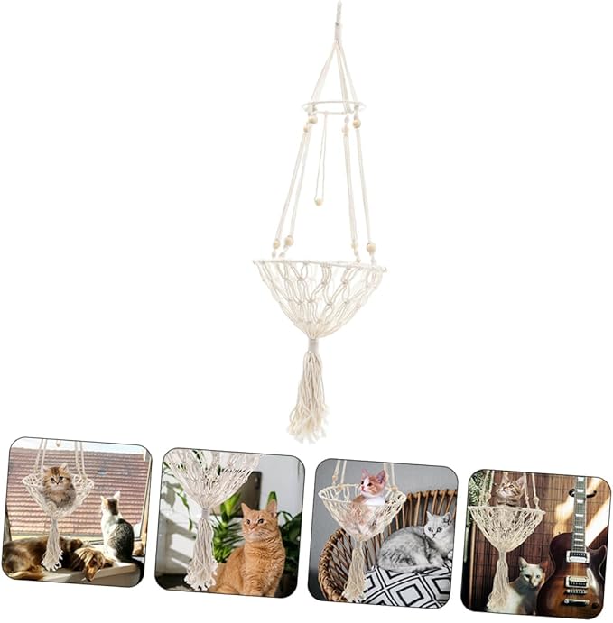 Hanging Cat Hammock Bed 40cm Wear-Resistant Bohemian Woven Pet Nest for Indoor Cats to 30 Lbs Decorative