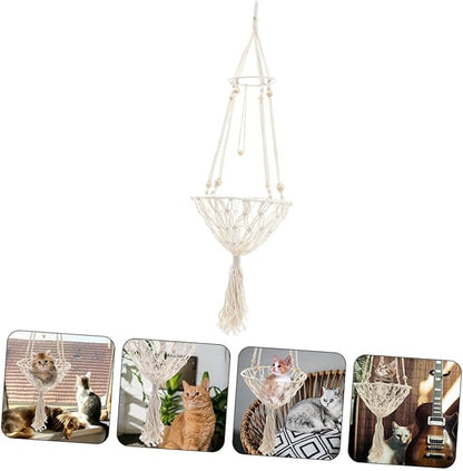 Hanging Cat Hammock Bed 40cm Wear-Resistant Bohemian Woven Pet Nest for Indoor Cats to 30 Lbs Decorative