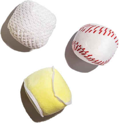 Glow Pups Dog Toys Plush Sports Balls with Squeakers, 3 Pack: Tennis, Baseball, and Golf Dog Toy, Interactive Hide and Seek Play, Durable Construction, 3" Size, Fun Ball Fetch Toy
