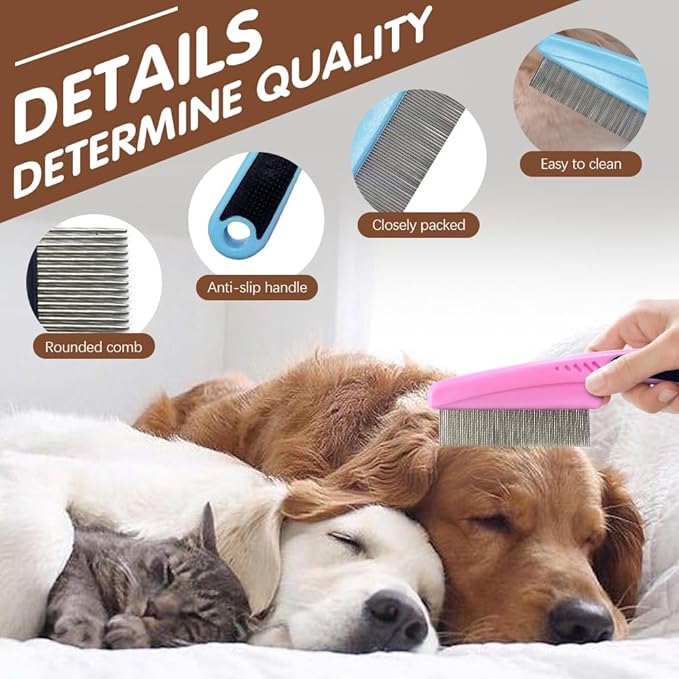Flea Comb with Rubber Handle, 2025 Upgraded Fine Tooth Dandruff Comb for Dogs & Cats, Fine Tooth Dog Combs for Grooming (Green)