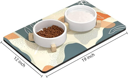 Rnivvi Dog Food Mat, 12" x 19" Boho Absorbent Dog Cat Bowl Mat for Food and Water, 3MM Anti-Slip Rubber Pet Feeding Rug Protect Floors, Puppy Placemat for Feeding & Watering Supplies, Abstract Leaves