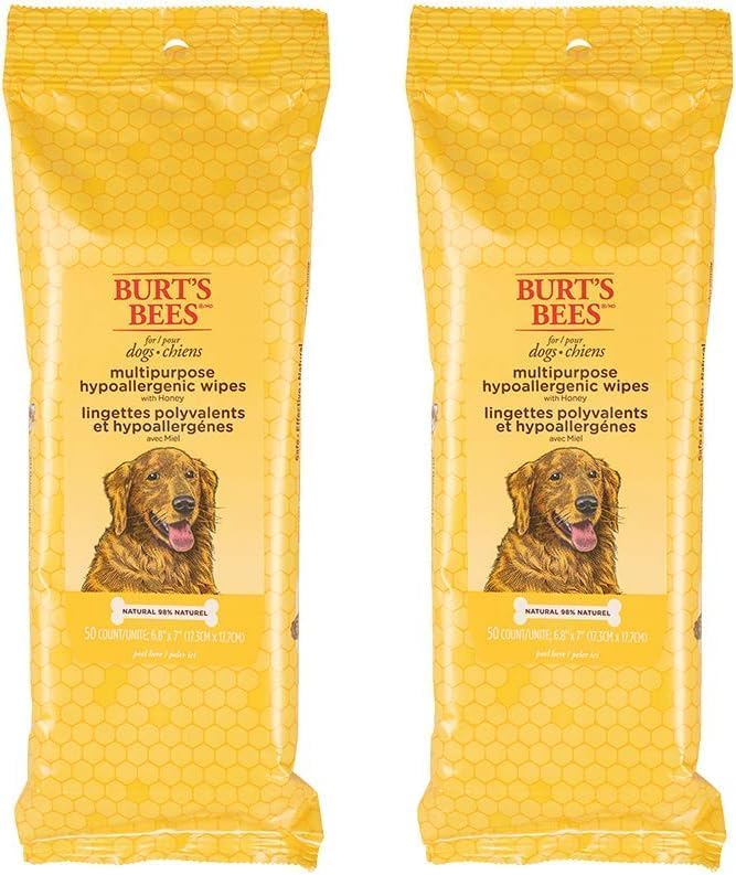 Burt's Bees for Pets Honey Multipurpose Dog Grooming Wipes, Gentle Hypoallergenic Spot Cleaning Sheets, pH Balanced Natural Origin Formula for Paws, Face and Butt, 50 Count - 2 Pack