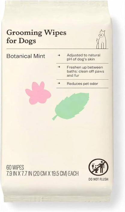 Kindfull Dog Grooming Wipes – 1 Pack (60 Wipes), Botanical Mint Scent – Gentle, pH-Balanced Pet Wipes for Paws & Fur – Plant-Based, Alcohol-Free – 7.9" x 7.7" Each