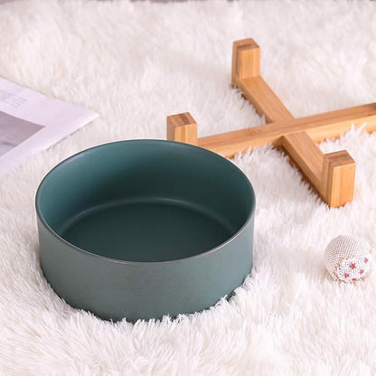 Green Ceramic Dog Bowls With Wood Stand, Water and Food Dish, Heavy Weighted No Tip Over Comfort Bowls, Stoneware Pet Bowl, Extra High Capacity 8.4" Diameter for Large Dogs