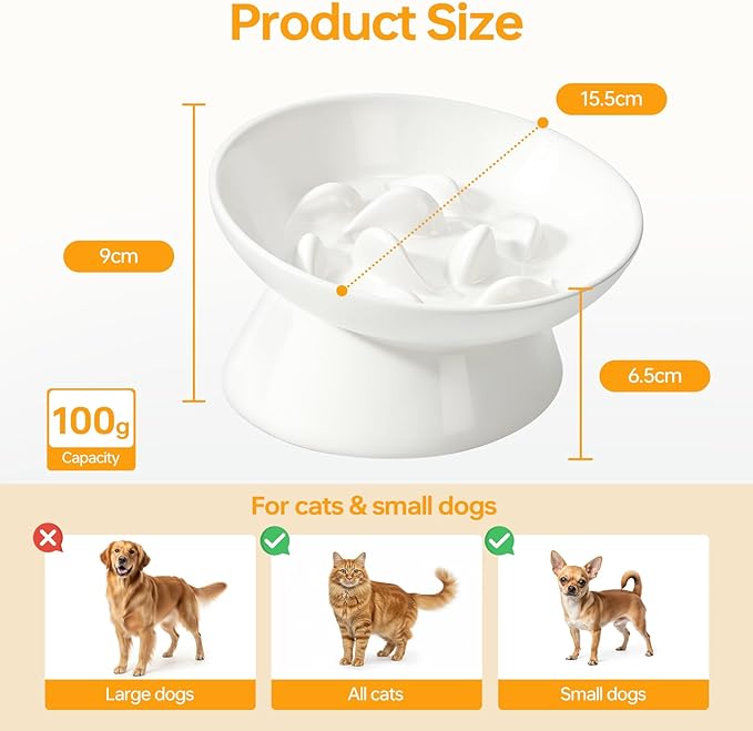 PETTOM Slow Feeder Cat Bowl, 2 Pack Ceramic Raised Tilted Cat Slow Feeder Bowl Elevated Puzzle Anti Vomiting for Dry and Wet Food Whisker Friendly for Kitty Puppy, White