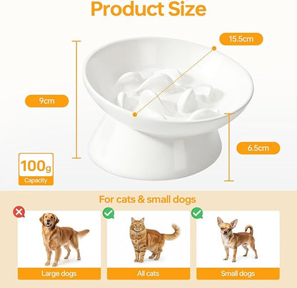PETTOM Slow Feeder Cat Bowl, 2 Pack Ceramic Raised Tilted Cat Slow Feeder Bowl Elevated Puzzle Anti Vomiting for Dry and Wet Food Whisker Friendly for Kitty Puppy, White