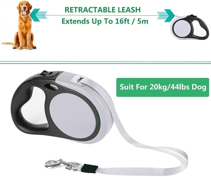 Dual Retractable Dog Leash for Walking 2 Small Dogs(Up to 44 Lbs Each) - Double Headed 16ft Extendable Pet Leash with Poop Bags, Non Slip Grip, One Button Control, 360 Tangle-Free (Gray, Medium)