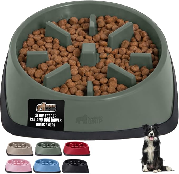 GORILLA GRIP Patented BPA Free Slow Feeder Dog Bowls, Interactive Puzzle Toy for Dogs and Cats Food Training Enrichment, Keeps Pets Busy and Prevents Puppy Overeating, All Breeds, 2 Cup, Sage Green
