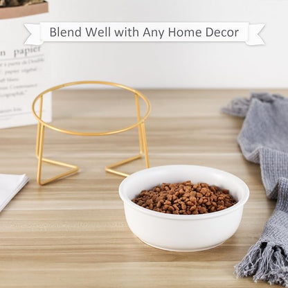 White Small Ceramic Tilted Elevated Cat Dog Bowl Raised Cat Food Water Bowl Dish Pet Comfort Feeding Bowls with Gold Iron Stand