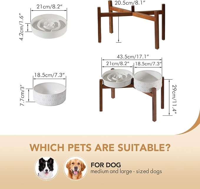 Ceramic 1.6 Cup Raised Slow Feeder Dog Bowl Set, Elevated 7.3inch Bowl and 8.2inch Dish with Acacia Wood Stand for Medium and Large Dog(Reactived Glaze -White