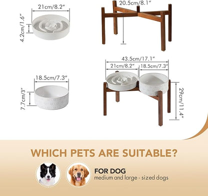 Ceramic 1.6 Cup Raised Slow Feeder Dog Bowl Set, Elevated 7.3inch Bowl and 8.2inch Dish with Acacia Wood Stand for Medium and Large Dog(Reactived Glaze -White