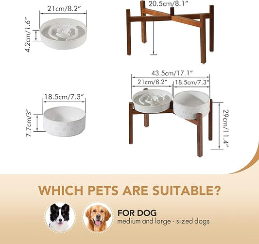 Ceramic 1.6 Cup Raised Slow Feeder Dog Bowl Set, Elevated 7.3inch Bowl and 8.2inch Dish with Acacia Wood Stand for Medium and Large Dog(Reactived Glaze -White