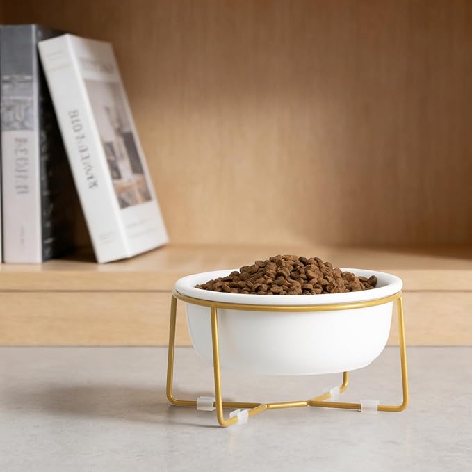 Elevated Ceramic Dog Bowl with Metal Stand - Raised Feeding Dish for Small Dogs and Cats - Ideal for Food or Water - Each Holds 400ml / 2 Cups (Approx. 200g) - White