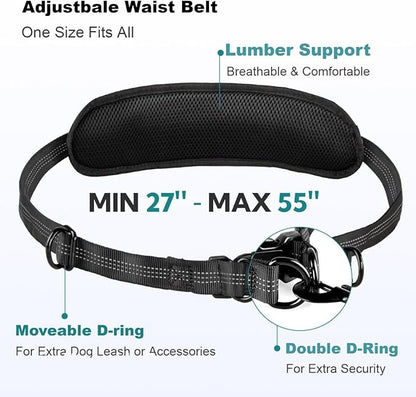 Hands Free Dog Leash with Pouch, Dual Attachment for Two Dogs, Retractable Bungee with Double Padded Handles, Waist-Mounted for Running,Walking, Jogging Friendly Dog Accessories (Black/Mint Green)