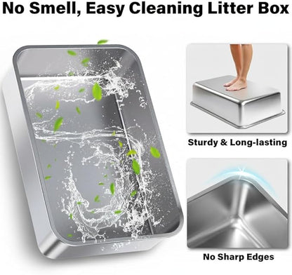 XL Stainless Steel Litter Box, Extra Large High Sided Metal Cat Litter Box with Lid and Scooper, Easy Clean, Non Stick & No Smell