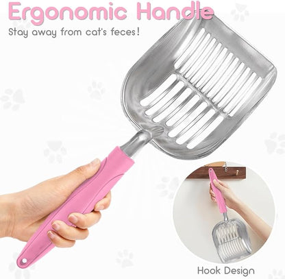 Cat Litter Scoop, Metal Cat Scooper, Plastic Handle Scoop, Sifting Shovel for Christmas – Heavy Duty Aluminum Alloy Litter Box Scoop with Deep Mesh, Design for Easy Waste Removal and Cleaning(Pink)
