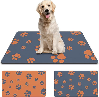 18"×30" Dog Food Mat-Absorbent Dog Mat for Food and Water, No Stains Quick Dry Cat Food Bowl Mat with Footprints for Messy Drinkers,Blue