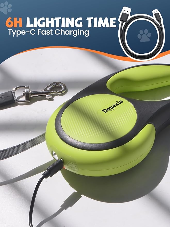 Retractable Dog Leash with LED Flashlight, Douexio Upgrade 3 in 1 Dog Leash Retractable for Small Medium Dogs Up to 66 lbs, 16ft, Anti-Slip Handle (Black-Green)