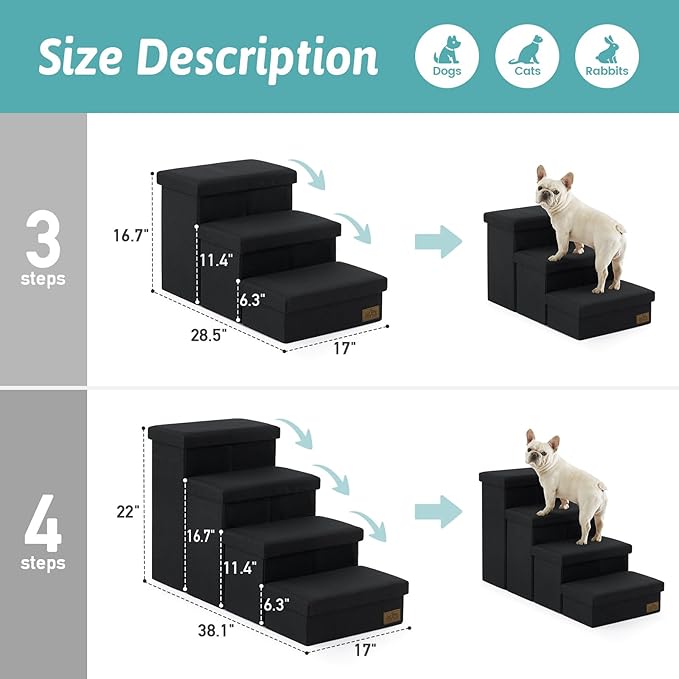 Dog Stairs with Storage, 4-Step Wider Sturdy Dog Steps for Small/Medium/Large Dogs and Older Cats, Folding Doggie Ramp for Bed/Couch/Car Hold Up to 180 lbs (22" H, Black)