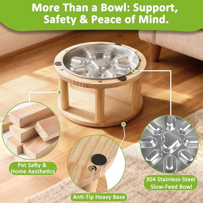Vivifying Elevated Dog Bowl, Pine Wood Stand with Stainless Steel Slow Feeder, 5.9" Raised Dog Bowl for Small & Medium Dogs