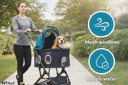 NT Hut WagZee Dog Stroller for Small & Medium Dogs & Cats, Foldable Pet Stroller with 360 Mesh Windows, One-Click Fold, Storage Basket, Cup Holder, Black Teal