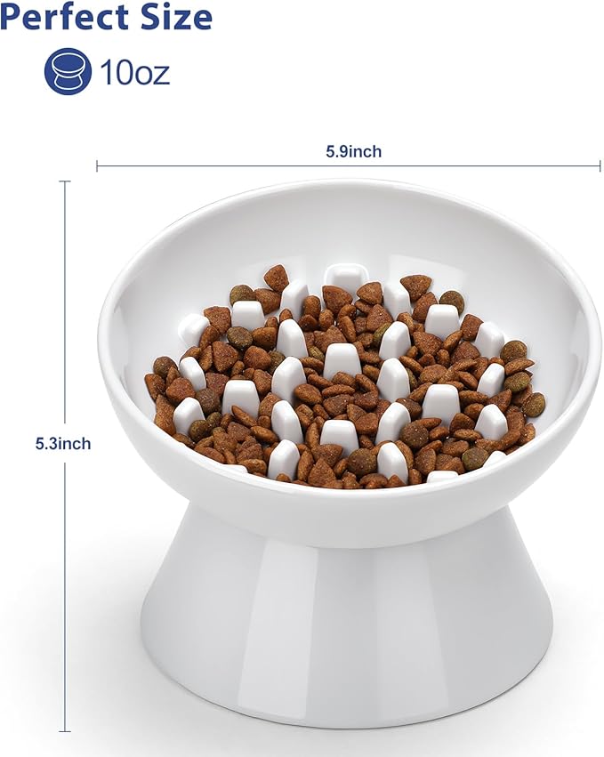 Ceramic Slow Feeder Cat Bowl, Tilted Elevated Cat Slow Feeder Bowl for Dry and Wet Food, Honeycomb Design for Preventing Vomiting & Bloating (White-Honeycomb Style, 5.9 inch)
