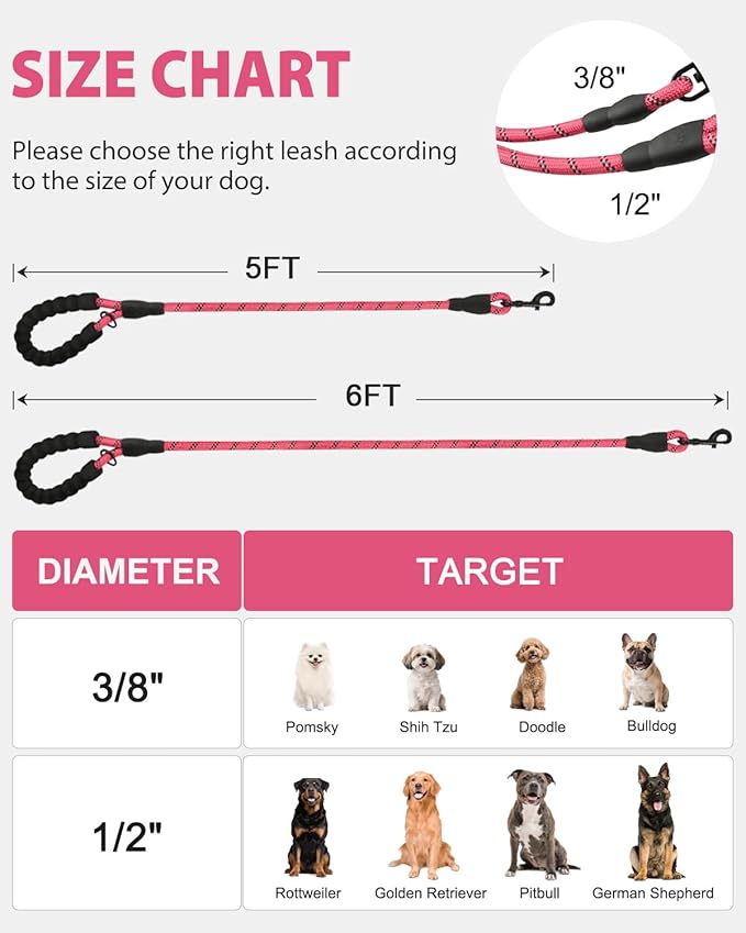 Joytale Dog Leash for Large Dogs, Heavy Duty Nylon Leashes with Comfortable Padded Handle and Highly Reflective Threads, Ideal for Walking and Training, Pink, 5'×1/2''