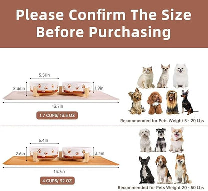 Dog Bowls with Wood Stand, 1.7 Cups Ceramic Puppy Bowls with Mat for Small Dog Weighted Water and Food Bowl Set for Dogs Cats, Non-Slip Pet Feeding Dish 13.5 Oz