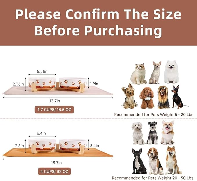 Ceramic Dog Bowls, 3.5 Cups Dog Food and Water Bowl Set for Medium Dogs with Wooden Stand and Non-Slip Silicone Food Mat, Weighted Embossed Cute Puppy Bowls Feeding Dishes Set of 2, 32 OZ