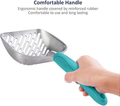 WePet Cat Litter Scoop, Aluminum Alloy Sifter, Kitty Metal Scooper, Deep Shovel with Diagonal Sifting Hole, Long Handle, Kitten Poop Lifter for Litter Box, Medium Size, Turkish Blue Handle