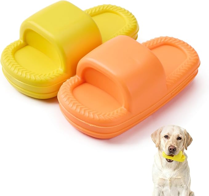 MECOOL Dog Toy 2PCS Unbreakable Slippers Squeaky Dog Toys for Teehing Chewing Size for Medium and Samll Breeds,Yellow and Orange