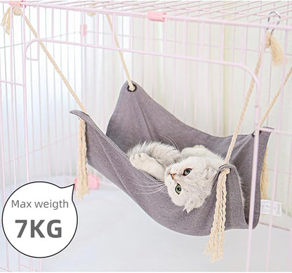 Breathable Linen Cat Hammock with Cotton Ropes in Clean Solid Colors, Minimalist Design for Cages Machine Washable (Blue)