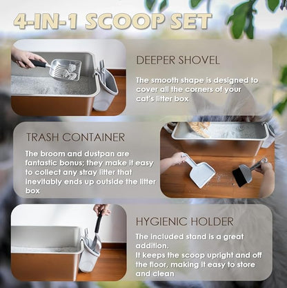 4-in-1 Cat Litter Scoop with Holder, Cat Litter Box Organizer Cleanup Kit - Sweeper & Dustpan, Aluminum Kitty Litter Scooper and Storage Caddy (Black)