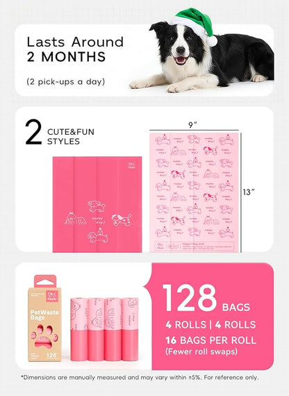 Dog Poop Bags Rolls, 128 Count (8 Refills) - 60% Recycled Plastic Baby Powder Scented - Leak Proof, Extra Thick Waste Bag with Easy-Peel Sticker (Pink)