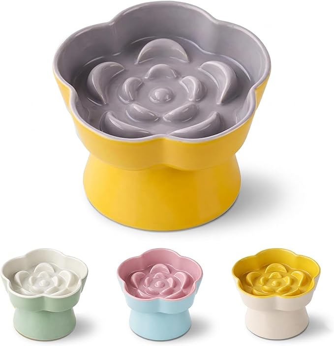Ceramic Elevated Slow Feeder Cat Bowl, Raised and Gently Tilted Feeding Dish with Maze Design, Whisker-Friendly, Easy to Clean, for Indoor Cats and Small Dogs (Yellow/Purple)