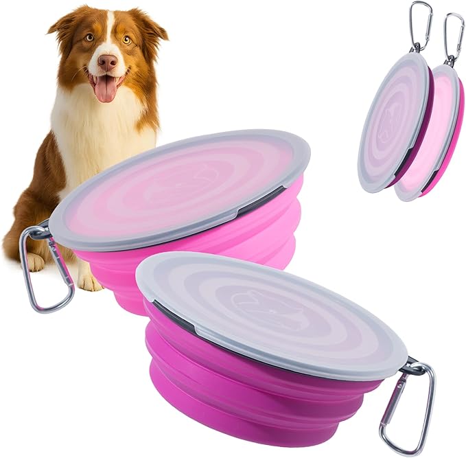 SLSON Dog Bowls Pet Collapsible Bowl with Cover Lids,2 Pack Dog Travel Bowls Portable Foldable Cat Water Dish Bowl for Pets Walking Parking Camping (Pink and Purple, Medium)
