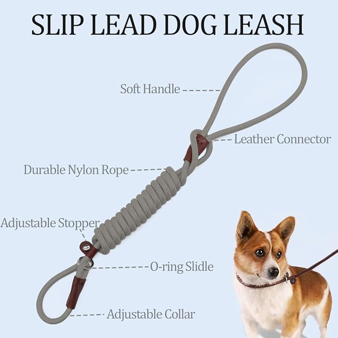 MayPaw Slip Lead Control Leash for Dogs No Pull, 13+ Colors Classic Dog Lead 7FT Pet Slip Leash, 1/4” Rope Leashes for Small Medium Animals (7ft*1/4", Gray)